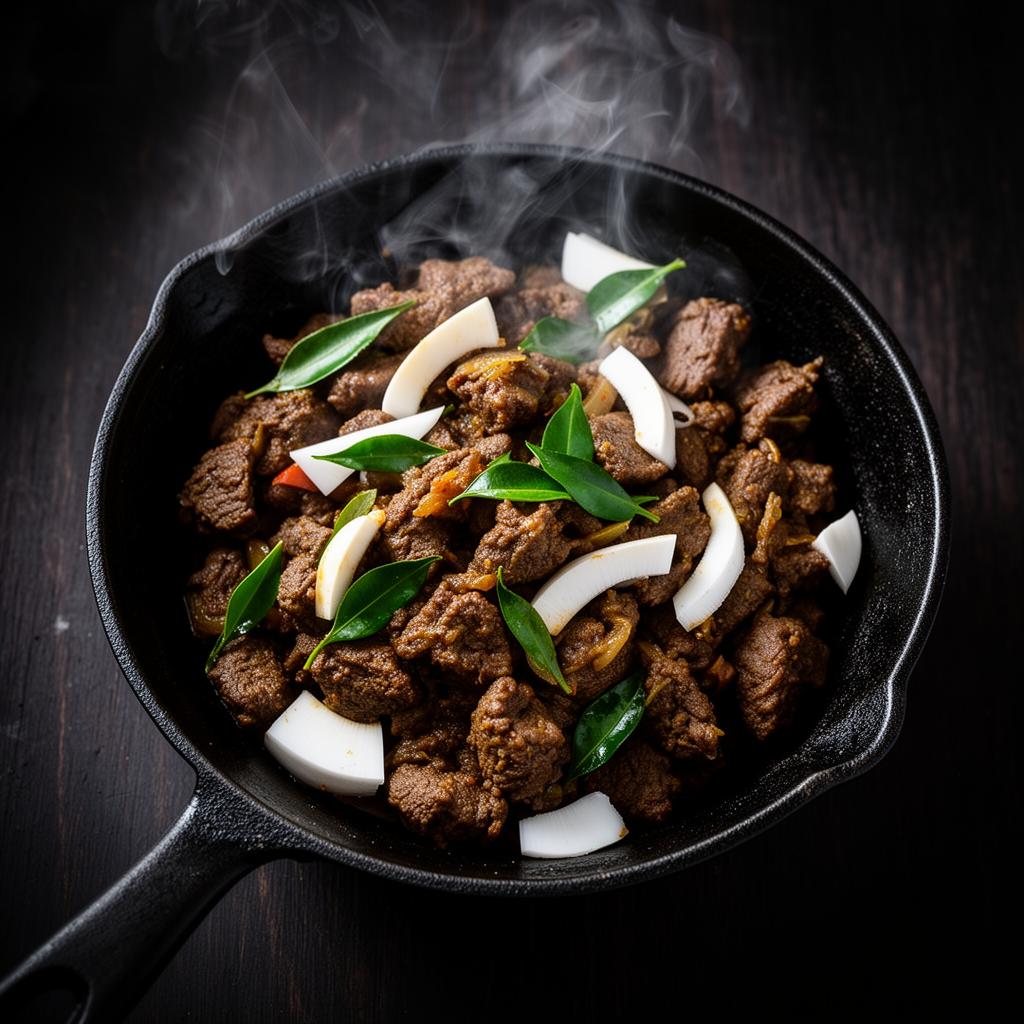 South Indian beef fry with coconut and curry leaves