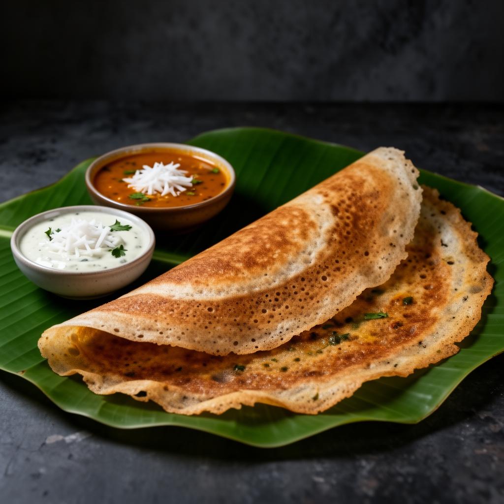 South Indian masala dosa with chutney and sambar